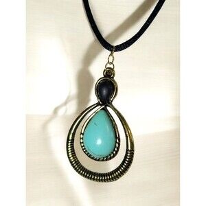 Teardrop Turquoise & Black Pendant Gold Alloy Black Strand Fashion Necklace 18"